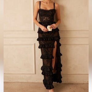 Lace Ruffle Corset Split Maxi Dress